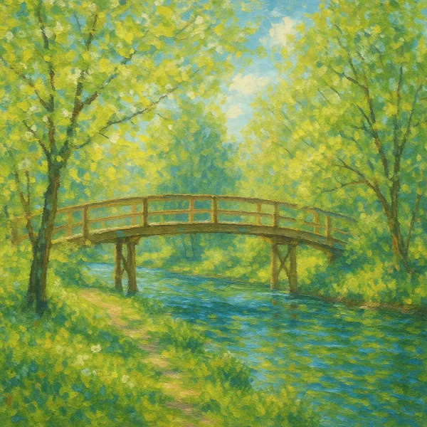 Discover a puzzle with a sunlit wooden footbridge arching over a gently flowing river, painted in soft impressionist strokes.