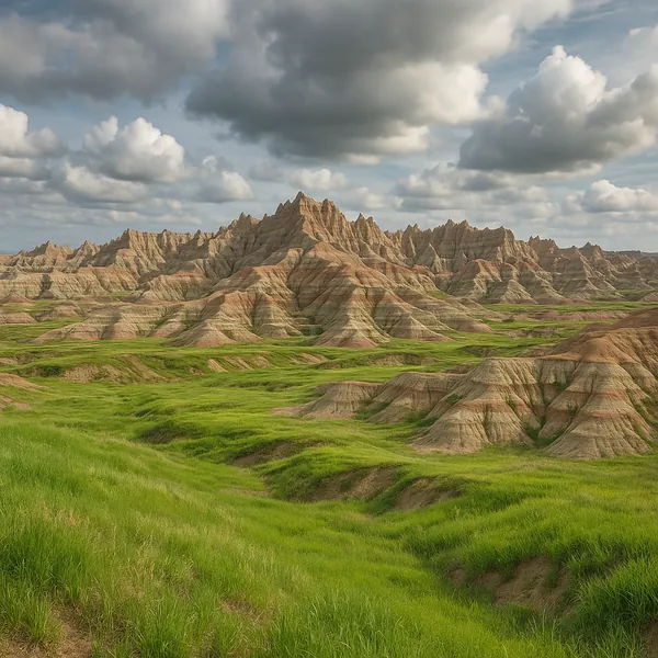 Enjoy an online jigsaw puzzle designed for browser play, featuring a striking nature landscape of layered badlands and rolling grasslands.