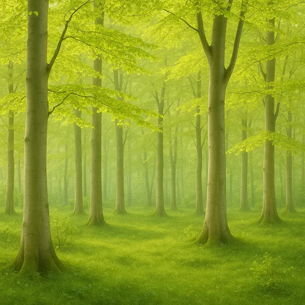 Discover a puzzle with a serene green forest scene: tall, straight trees with smooth trunks rise from a soft carpet of mossy grass beneath a canopy of fresh spr