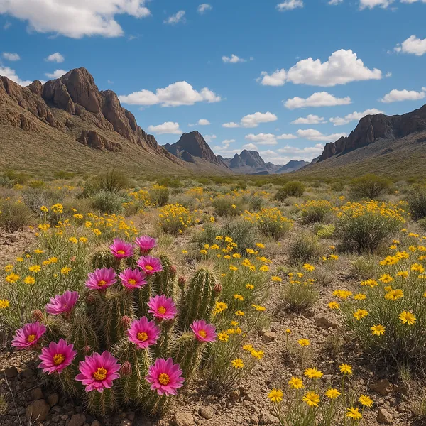 Enjoy an online jigsaw puzzle designed for browser play, featuring a sunlit desert landscape bursting with wildflowers and rugged mountain ridges.