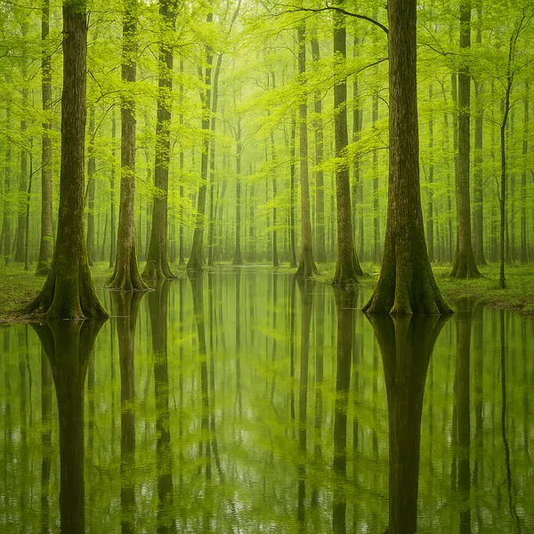 This online jigsaw puzzle features a tranquil nature scene of tall, graceful trees standing in still water, perfect for a relaxing browser play experience.
