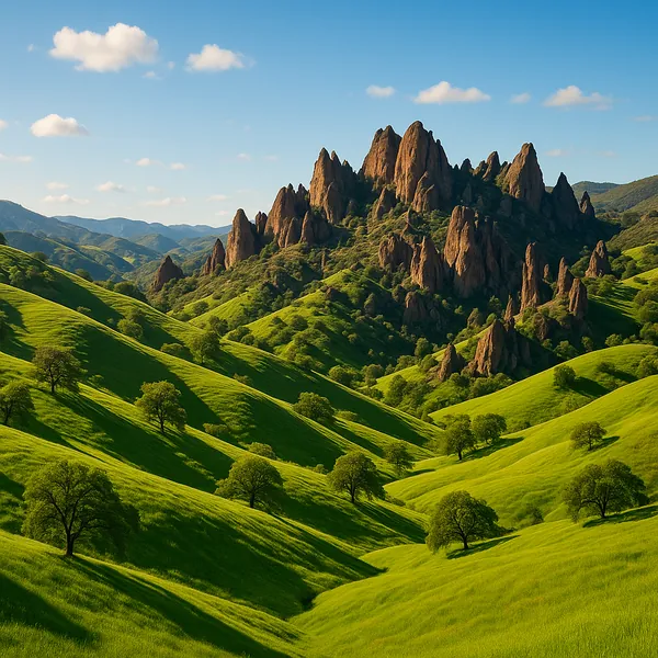 Enjoy an online jigsaw puzzle designed for browser play, featuring a beautiful nature landscape of rolling green hills and dramatic rock pinnacles.