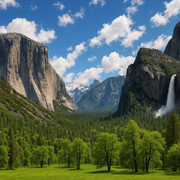 Enjoy an online jigsaw puzzle designed for browser play, featuring a sweeping nature landscape of towering granite cliffs, a lush green valley, and a dramatic w