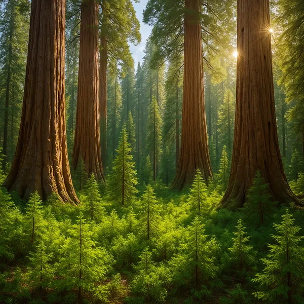 Enjoy an online jigsaw puzzle designed for browser play, featuring a tranquil forest scene of towering sequoias and lush undergrowth.