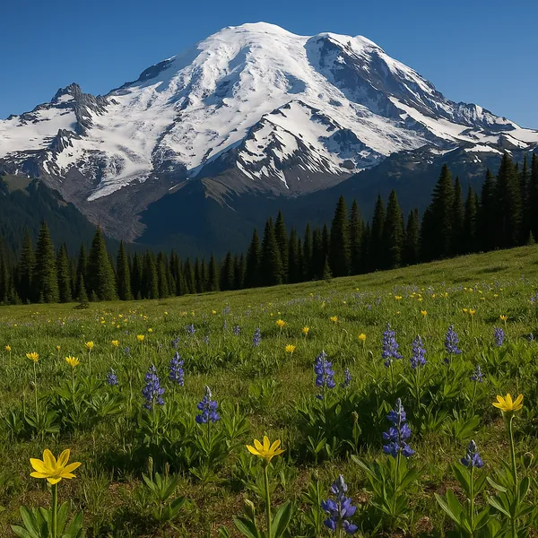 Enjoy an online jigsaw puzzle designed for browser play, featuring a serene mountain landscape and vibrant wildflower meadow that celebrates the beauty of natur