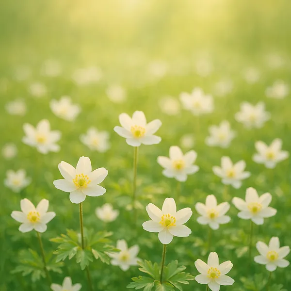 Discover a puzzle with delicate white wildflowers scattered across a sunlit green meadow, captured in soft golden spring light.