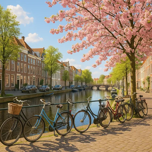 Enjoy assembling a puzzle depicting a sunlit springtime canal lined with classic brick townhouses, a graceful arched bridge, and a row of bicycles parked along