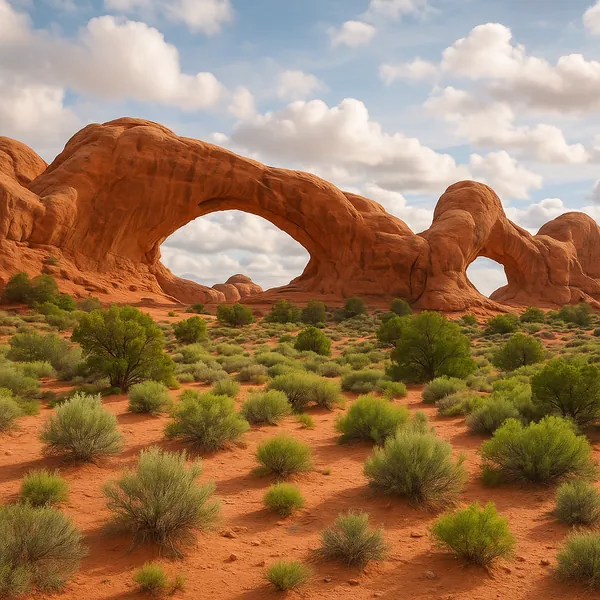 Enjoy an online jigsaw puzzle designed for browser play, featuring a stunning desert landscape with natural sandstone arches and vibrant desert flora.