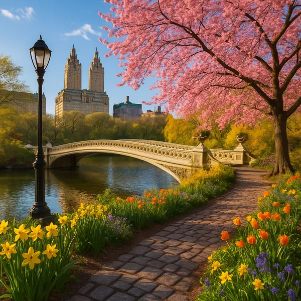 Discover a puzzle with a sunlit park scene featuring an ornate stone bridge spanning a calm river, framed by a cobblestone path and a classic lamppost.