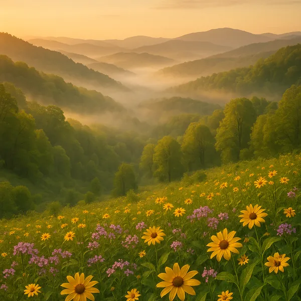 Enjoy an online jigsaw puzzle designed for browser play, featuring a peaceful nature scene of rolling mountains and a sunlit wildflower meadow.