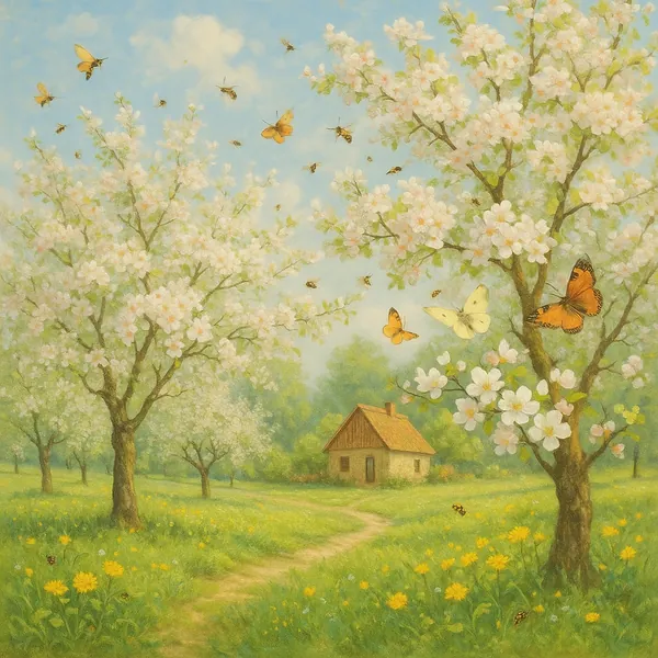 Discover a puzzle with a sunlit spring meadow where a cozy cottage nestles among apple-blossom trees and a winding path.