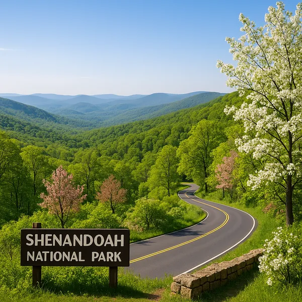 Enjoy an online jigsaw puzzle designed for browser play, featuring a tranquil nature scene from Shenandoah National Park with rolling green hills and a winding