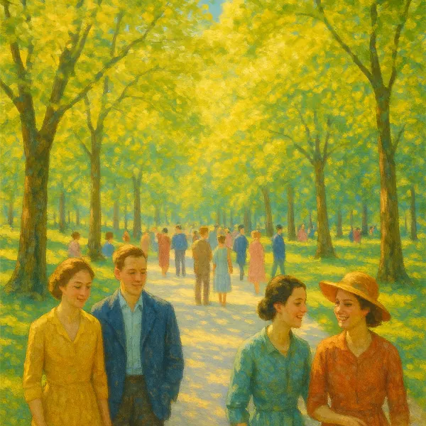 Discover a puzzle with a sunlit park scene where a tree‑lined promenade glows in golden yellows and fresh greens, rendered in a soft, impressionistic style.