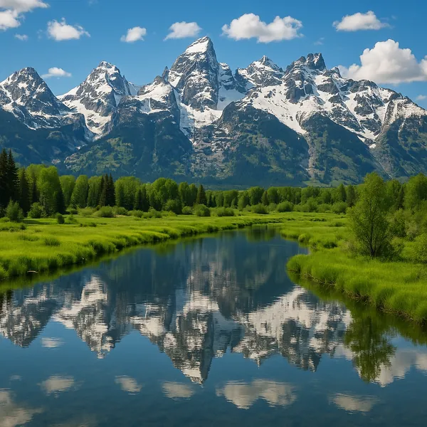 Enjoy an online jigsaw puzzle designed for browser play, featuring a breathtaking nature scene of snow-capped mountains and a tranquil river.