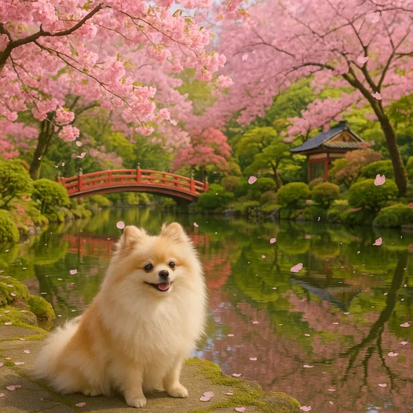 Enjoy assembling a puzzle depicting a fluffy Pomeranian sitting by a tranquil pond in a blossoming Japanese garden.