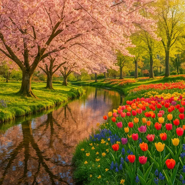 Discover a puzzle with a tranquil spring garden where pink cherry blossom trees form a soft canopy over a gently winding river, their blooms mirrored in the wat