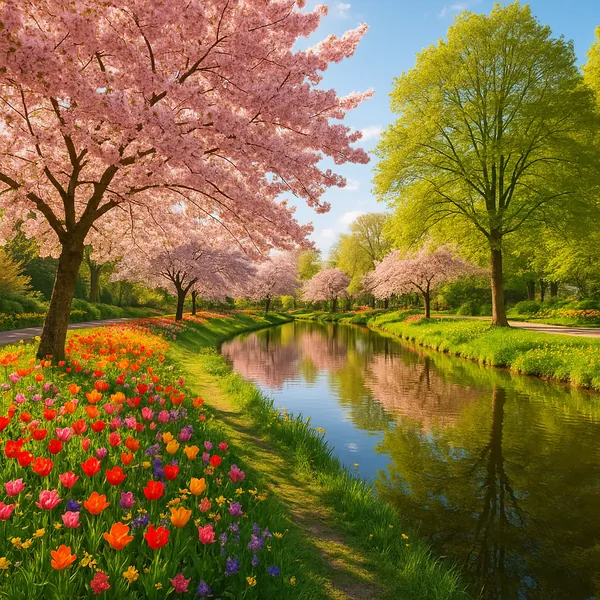 Discover a puzzle with a peaceful springtime scene: a gentle river lined with blooming pink cherry trees and vibrant tulip beds in reds, oranges, yellows, and p