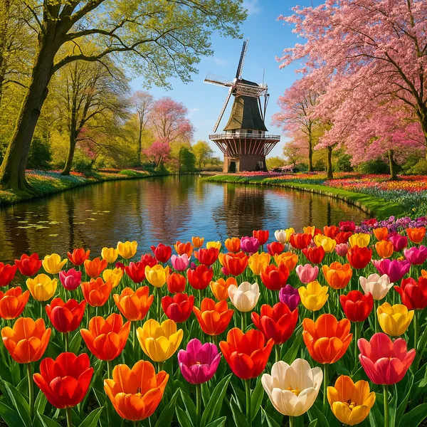 Discover a puzzle with a vibrant spring scene of a classic Dutch windmill beside a reflective canal framed by rows of bright tulips.