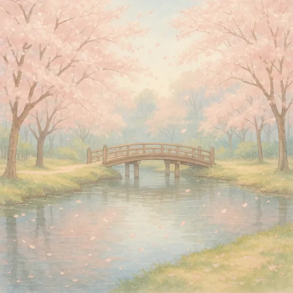 Discover a puzzle with a gently painted spring scene: a small wooden bridge arches over a glassy river surrounded by soft pink cherry blossoms in full bloom.