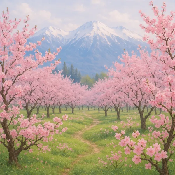 Discover a puzzle with a pastel spring landscape of pink cherry blossom trees lining a winding grassy path beneath snow-capped mountains.