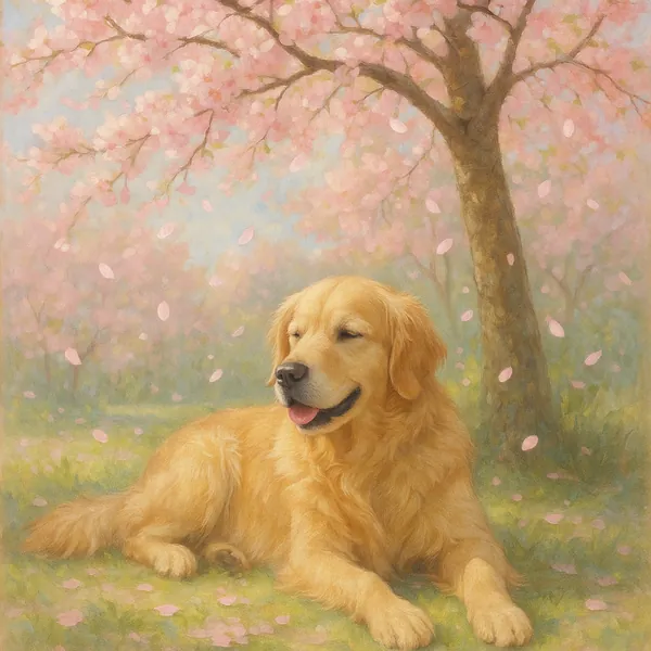 Discover a puzzle featuring a graceful golden retriever lounging beneath a blooming cherry blossom tree.