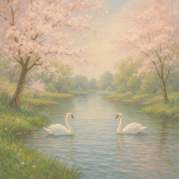 Discover a jigsaw puzzle with two graceful swans gliding along a gentle river framed by pink cherry blossoms and soft green banks.