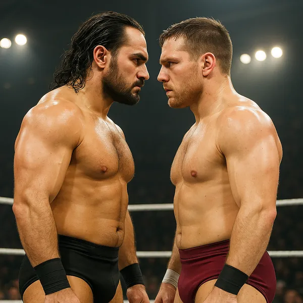 Play an online jigsaw puzzle in your browser that shows an intense sports scene featuring two wrestlers locked in a stare-down.