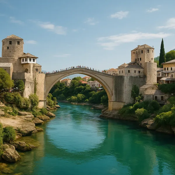 Discover a puzzle with a sunlit stone arch bridge spanning a clear turquoise river beneath a soft blue sky.