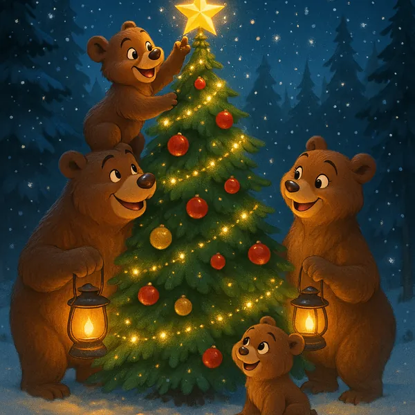 Enjoy assembling a puzzle depicting a cozy winter scene of a family of cheerful cartoon bears decorating a glowing Christmas tree in a snowy forest.
