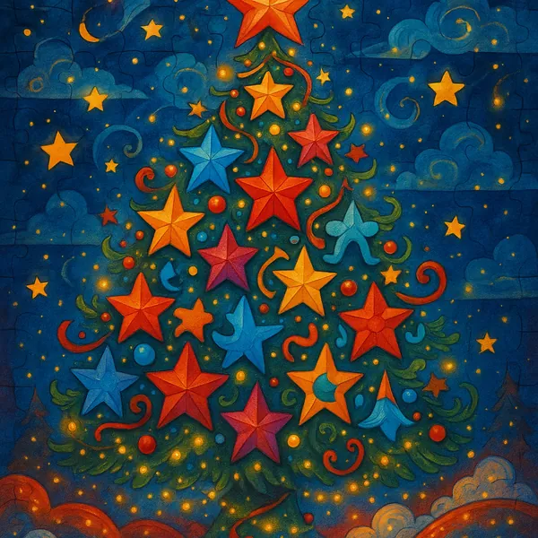 Here’s an online jigsaw puzzle you can play in your browser, focused on a festive holiday illustration of a Christmas tree made of colorful stars.