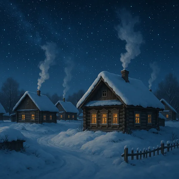 Discover a puzzle with a cozy winter village scene: snow‑blanketed log cabins under a deep blue, starry night, warm golden light glowing from the windows and ge