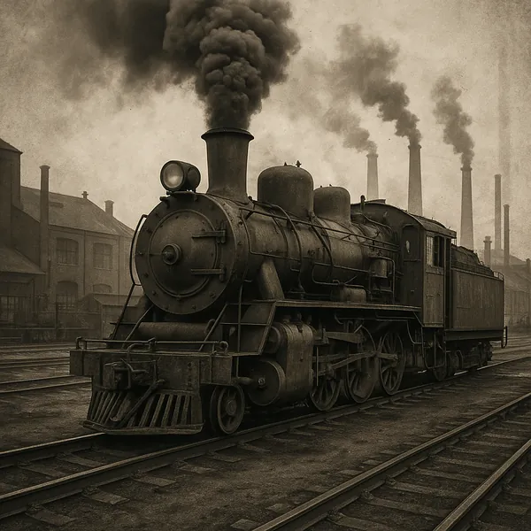Discover a puzzle with a vintage steam locomotive billowing dark smoke across sepia-toned railyards.