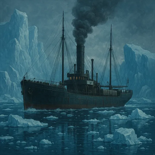 Discover a puzzle with a solitary steamship cutting through icy waters beneath towering blue icebergs.