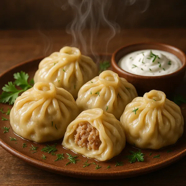 Enjoy assembling a puzzle depicting a close-up plate of steaming, handmade dumplings (khinkali) arranged on a warm wooden platter with a bowl of creamy dipping