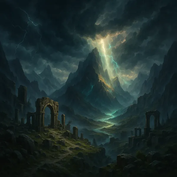Discover a puzzle with a dramatic, storm-swept mountain valley where crumbling ancient arches and ruined columns sit among rocky green slopes beneath brooding t