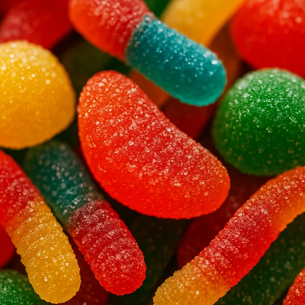 This online jigsaw puzzle features a close-up of colorful gummy candies and sugary treats, perfect for fans of food and playful still-life images.