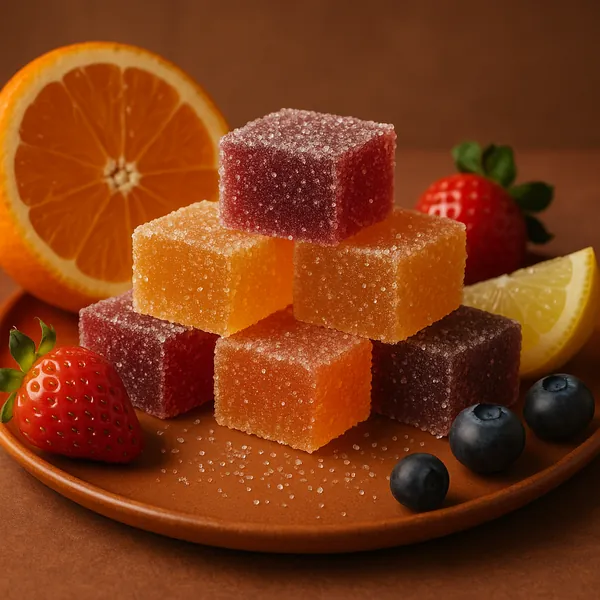 This online jigsaw puzzle features a cozy food still life of sugar-coated fruit jellies and fresh fruit, playable right in your browser.