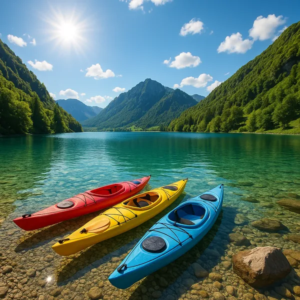 Discover a puzzle with three colorful kayaks — red, yellow, and blue — resting on the crystal-clear turquoise water of a mountain lake.