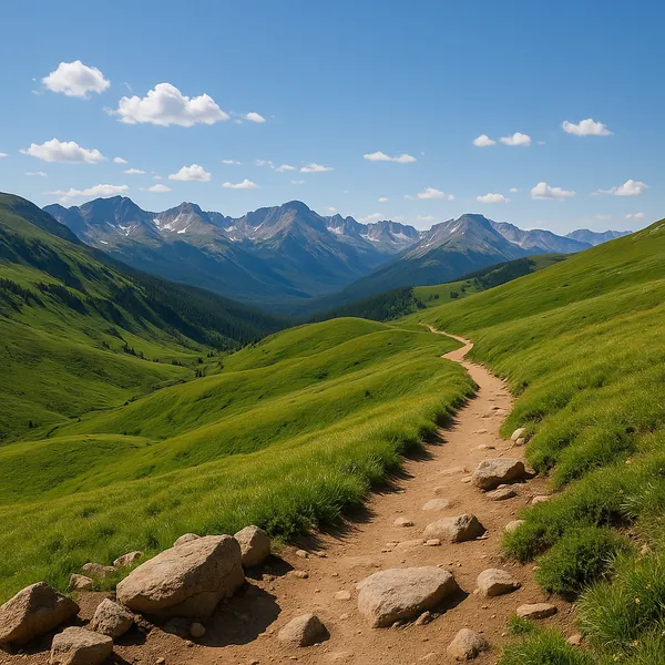 Enjoy an online jigsaw puzzle designed for browser play, featuring a serene mountain landscape and a winding hiking trail through sunlit green hills.