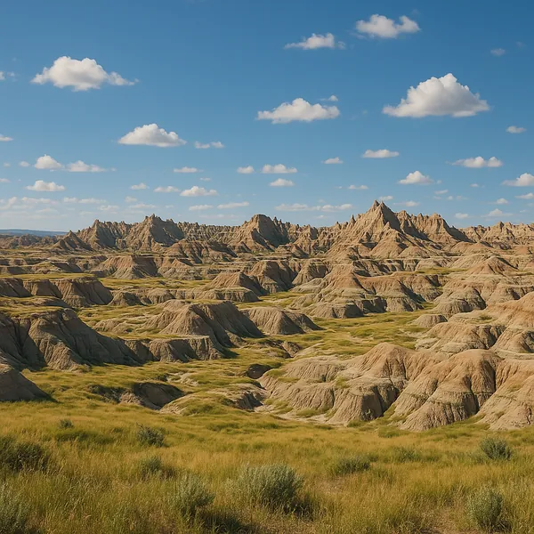 Enjoy an online jigsaw puzzle designed for browser play, featuring a sweeping nature scene of rugged badlands and grassy plains.