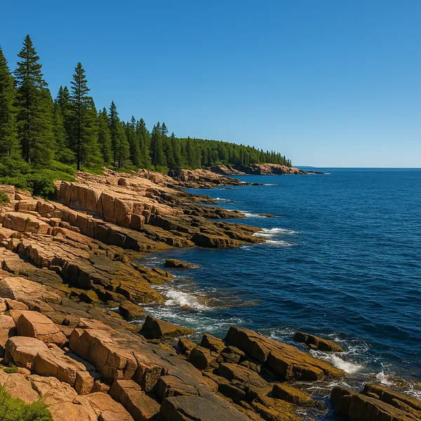 Enjoy an online jigsaw puzzle designed for browser play, featuring a rugged coastal landscape where pine forest meets the open sea.