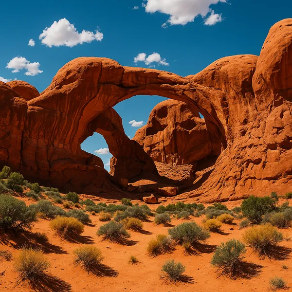 This online jigsaw puzzle features a dramatic desert landscape with towering red sandstone arches set against a clear blue sky.
