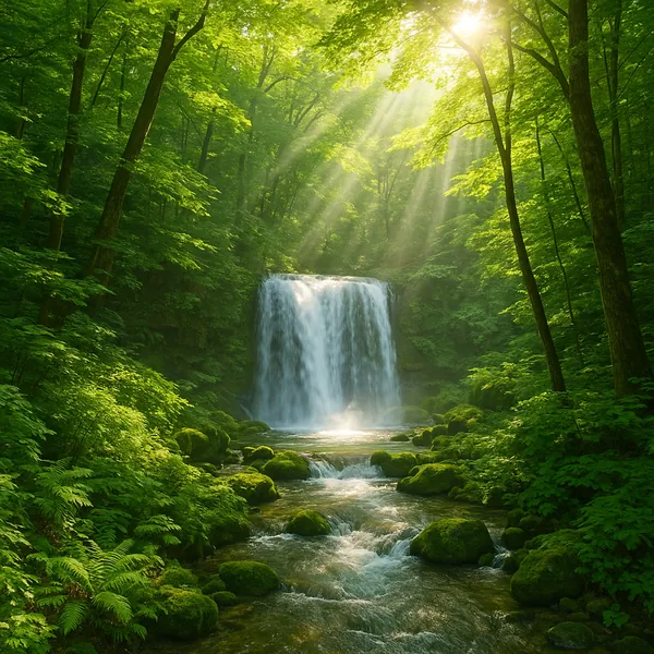 Discover a puzzle with a sunlit forest waterfall cascading into a clear stream, framed by lush green ferns, moss-covered rocks, and tall trees.