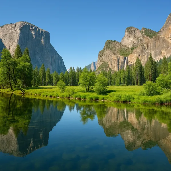 This online jigsaw puzzle features a serene nature scene of towering granite cliffs, a verdant meadow, and a glassy river — perfect for a relaxing browser play.