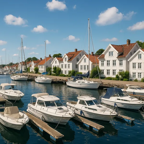 Discover a puzzle with a sunlit coastal harbor lined with charming white wooden houses and red-tiled roofs, where neat sailboats and motorboats bob on deep blue