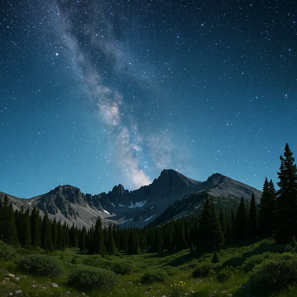 Play an online jigsaw puzzle in your browser that shows a tranquil mountain landscape under a star-filled sky, blending nature and night-sky wonder.