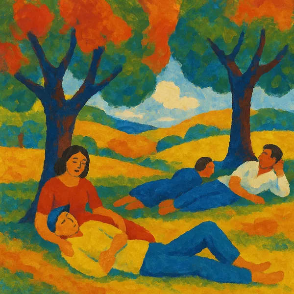 Discover a puzzle with a colorful countryside scene showing four people relaxing beneath leafy trees in a stylized, painterly composition.