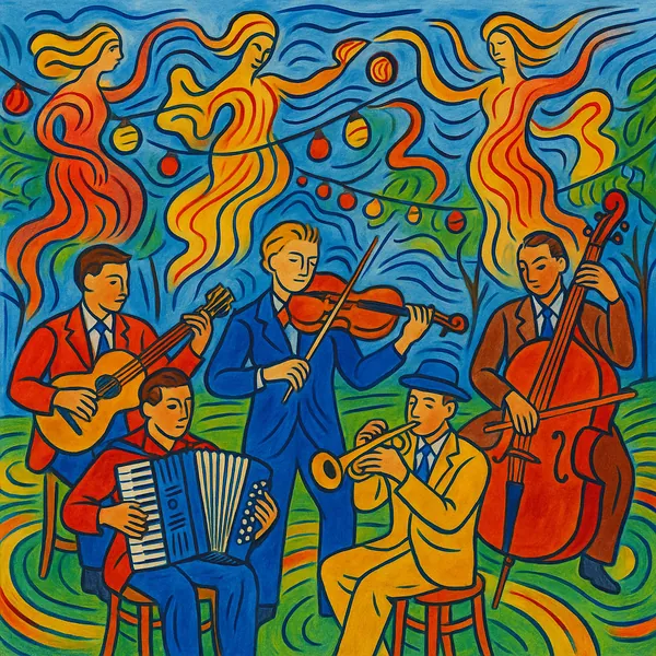 Discover a puzzle with a lively outdoor scene of five musicians playing violin, guitar, accordion, trumpet, and double bass beneath swirling, ribbon-like figure