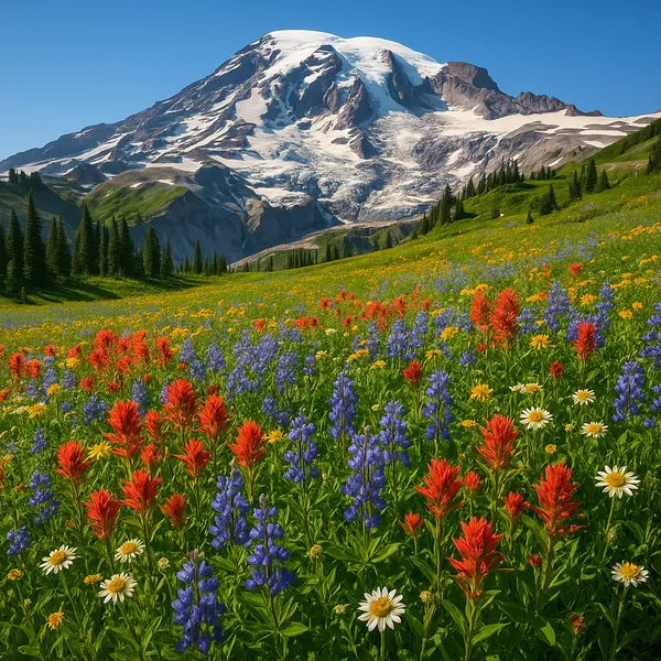 Enjoy an online jigsaw puzzle designed for browser play, featuring a vibrant mountain meadow scene that celebrates nature and wildflowers.