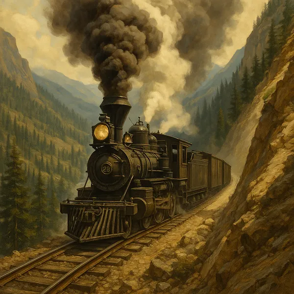 Discover a puzzle with a vintage steam locomotive chugging through a narrow mountain pass, its plume of smoke curling into a soft, golden sky.